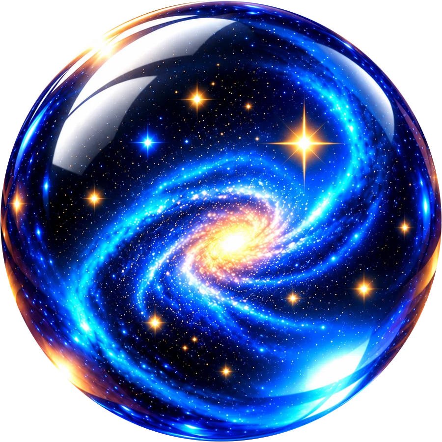 A clear glass Galaxy ball holding a glowing blue spiral galaxy.